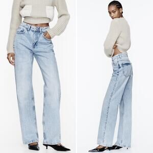 ZARA Z1975 High Rise Long Length Straight Cut Jeans Light Blue Sz 4 Rigid Denim